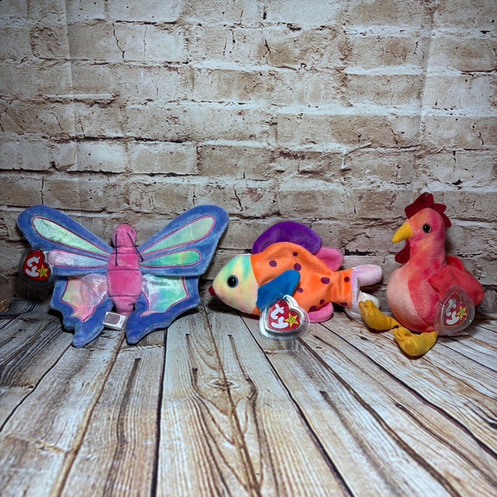 TY Beanie Babies Lips the Fish Strut the Rooster Flitter the Butterfly No Bears